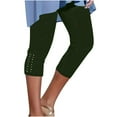thumbnail image 3 of UVEASISHA Rhinestone Hem Capri Leggings for Women Cropped High Waist Yoga Pants Lightweight Comfy Summer Beach Capris Army Green M, 3 of 7