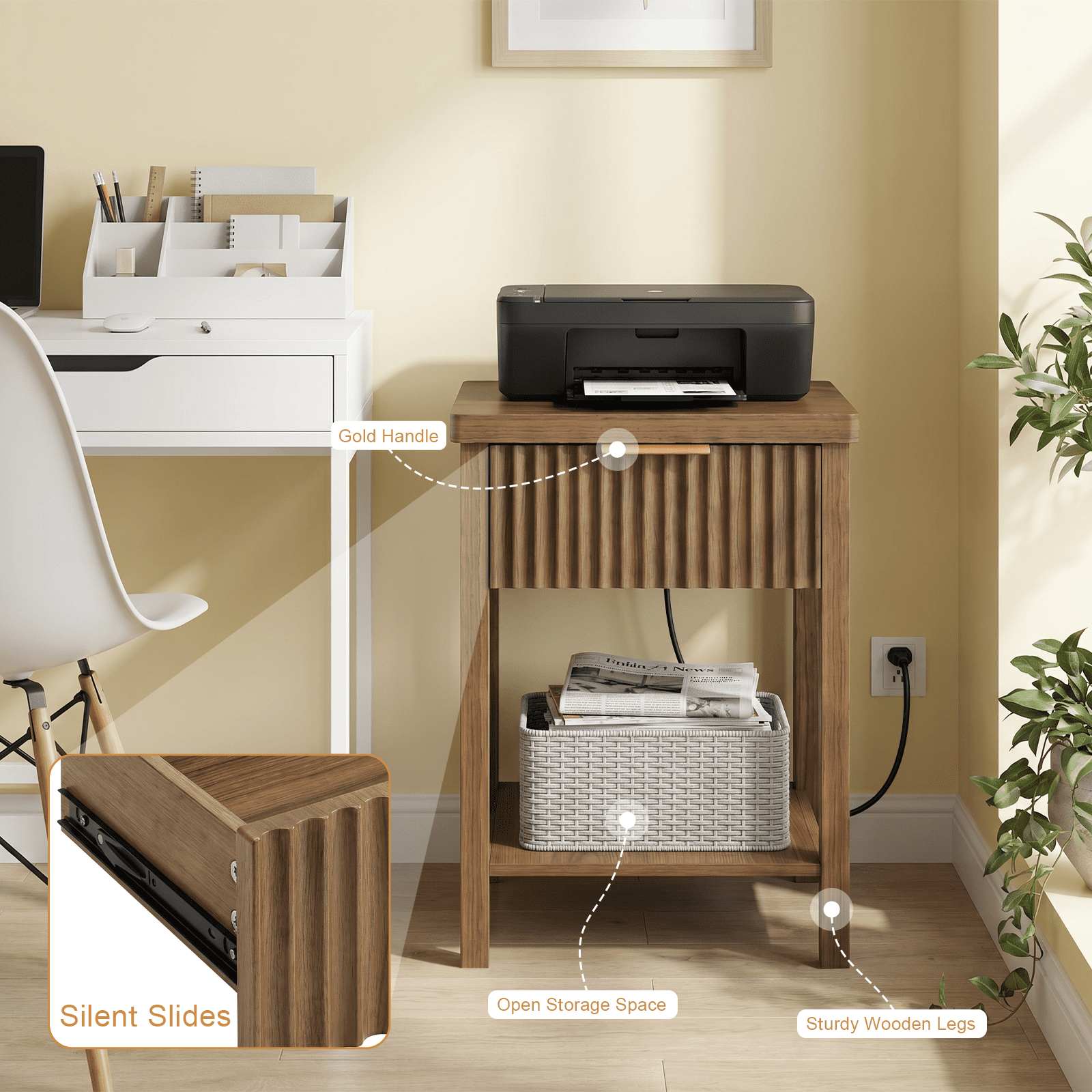 Fluted Wood Nightstand Set of 2, Walnut Bedside Table with Built-in Charging Station (2 AC, USB, Type-C), Storage Drawer & Open Shelf, Modern Side Table for Bedroom Living Room