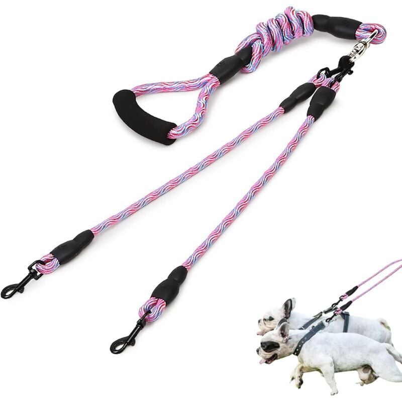 Double Dog Leash, 2 Dog Leash, Detachable Double Dog Leash Anti-Tangle Comfortable Grip Walking Training for Two Medium or Large Dogs (Pink)