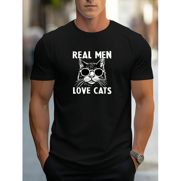 Camiseta creativa con estampado gráfico para hombre, camiseta informal de manga corta con cuello redondo "REAL MEN LOVE CATS" para verano al aire libre.