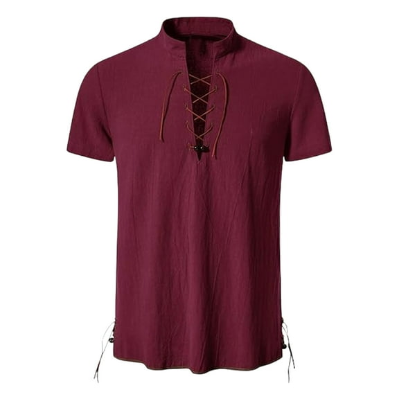 Men's Cotton Linen Shirt Vintage Short Sleeve Lace Up Renaissance Costume Beach Top