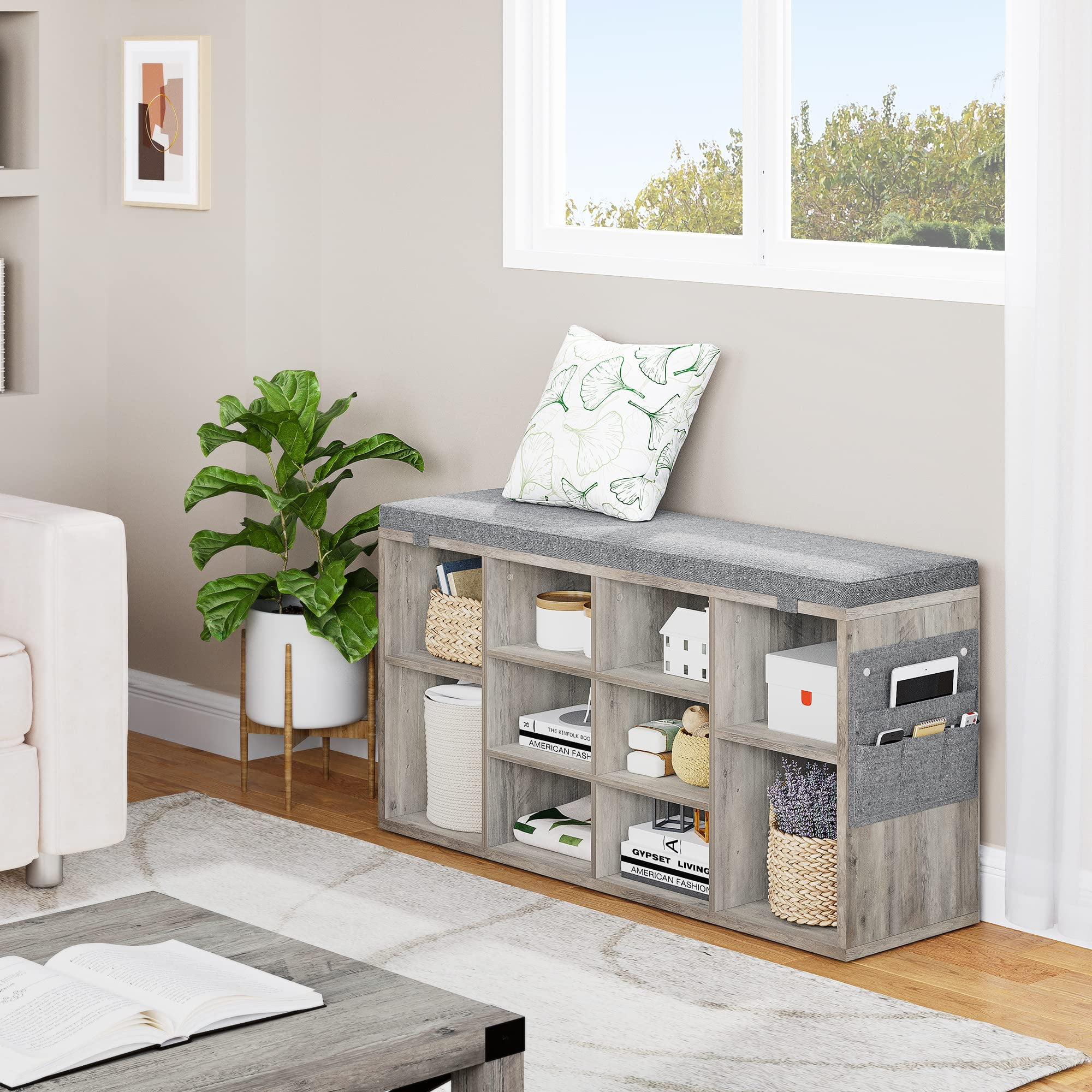 CREATIVE HOBBIES Shoe Storage Bench Cubby Organizer for Entryway Shoe Bench Storage Rack with Foam Pad Seating Cushion for Hallway Bedroom Living Room Dorm and Small Apartment Grey 41 Inches Walmart.c...