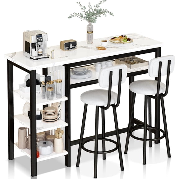 Lamerge Bar Dining Table Set for 2, 3 Piece Bar Table and Chairs Set, Kitchen Counter Height Dining Table Set, Small Kitchen Bar Table with Storage, Breakfast Nook Set for Small Space, White Black