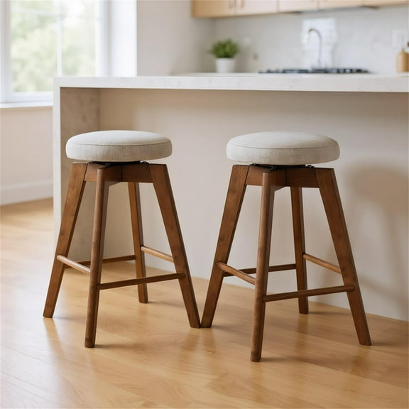 Canddidliike 2 Pieces 26 Inch Backless Swivel Barstools with Linen Fabric Seat-Beige, Bar Height Stools, Barstools for Kitchen, Dining Room