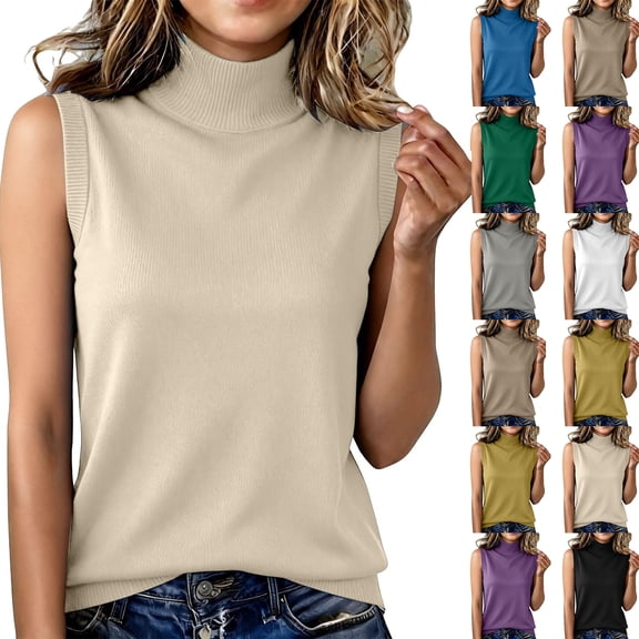 Womens Sleeveless Sweater Ribbed Solid Color Mock Neck Slim Fit Basic Layering Vest Spring Fall Casual Pullover Sweater
