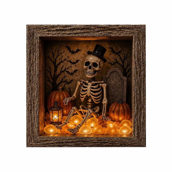 Gothic Skeleton Halloween Shadow Box Frame, 1-Pack 8.46 Inch Lighted Display Case, Spooky Tombstone LED Night Light for Fireplace Mantel, bldnkj