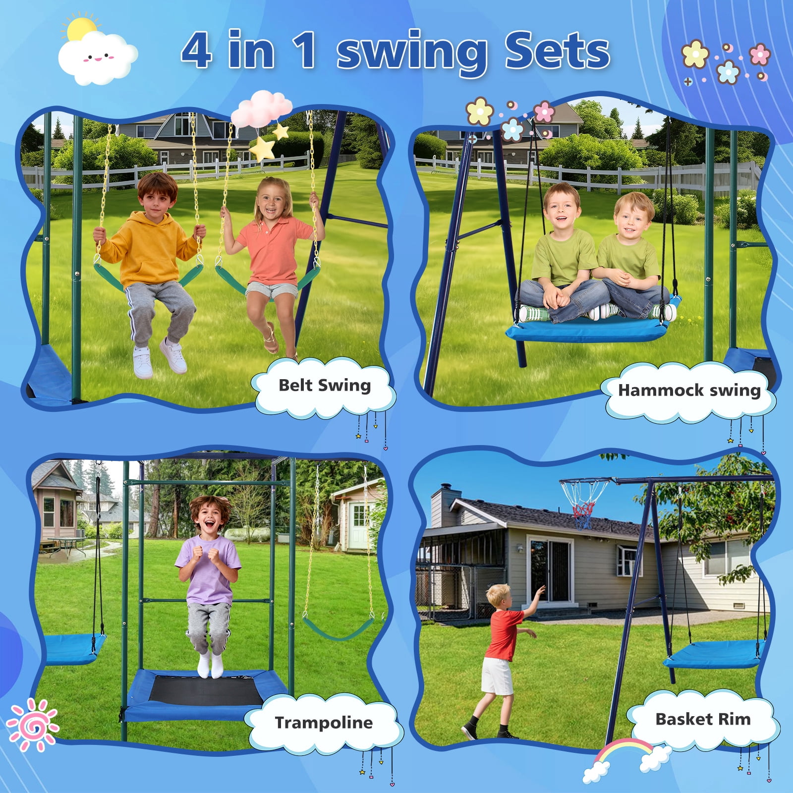 Hommoo 4 in 1 Swing Set With Belt Swing, Hammock Swing, Trampolone,Basket Rim for Backyard, Multicolor