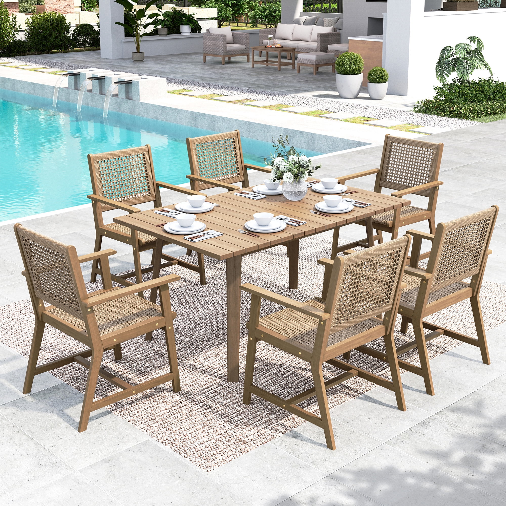 SUMMIT LIVING 6-Piece Acacia Wood Outdoor Patio Dining Chairs with Rattan Seat & Back