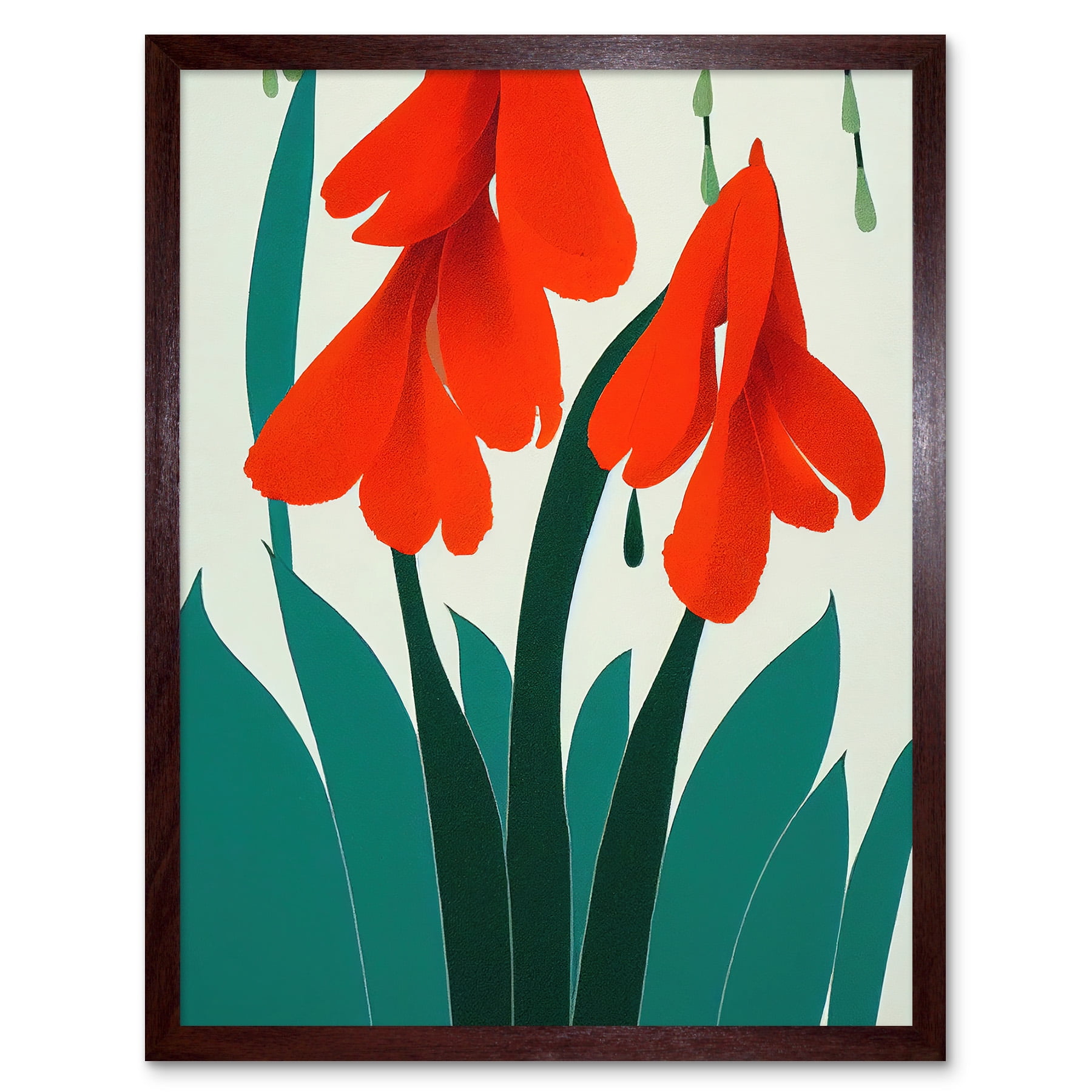 Modern Abstract Crimson Red Bloom Wild Flowers Teal Leaves on White Art