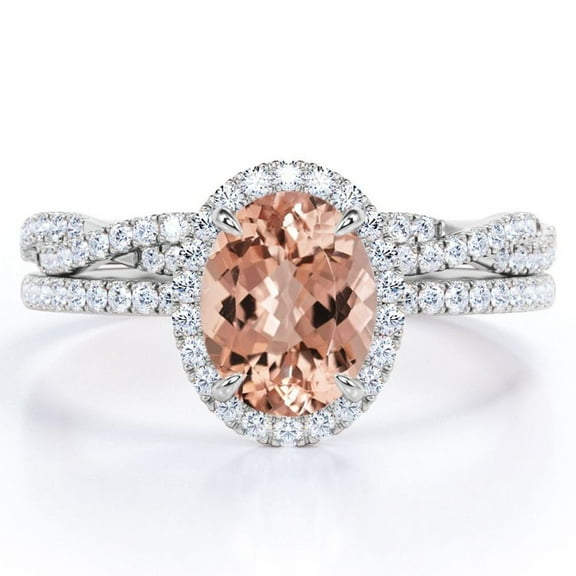 JeenMata Pave Halo Setting 1.75 Carat Oval Cut Peach created morganite and Moissanite Infinity Twisted Shank Bridal Set in 18K White Gold Plating over Silver