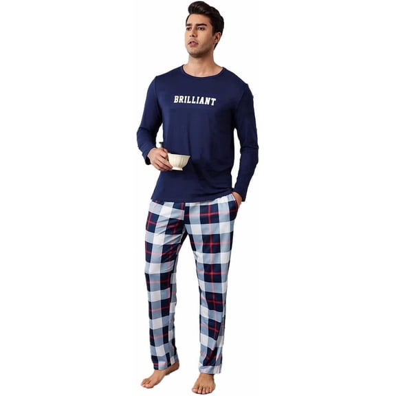 ZEFORTEX Men's Pajamas Set Long Sleeve Top with Plaid Pants Soft Sleepwear Loungewear