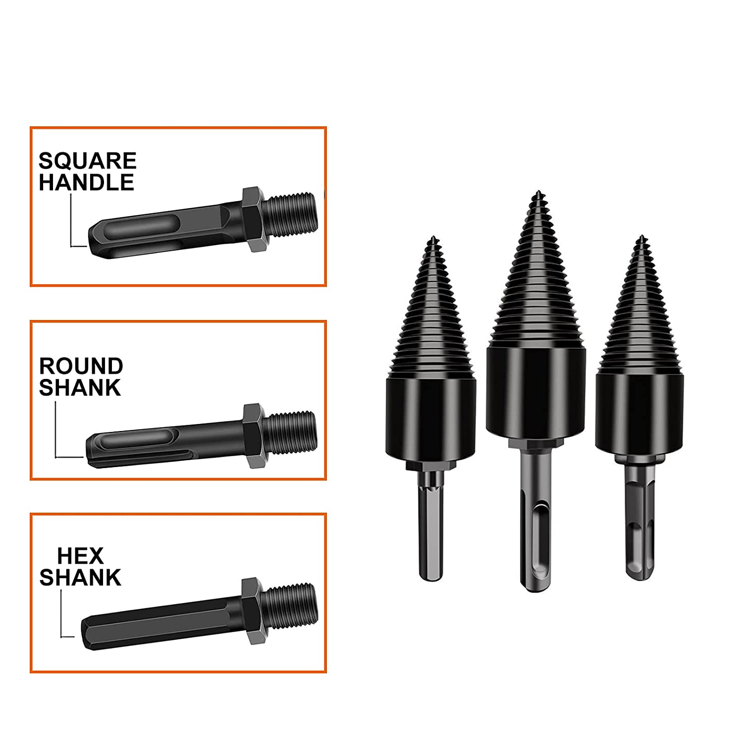Fridja 3pcs Removable Firewood Log Splitter Drill Bit, Wood Splitter Drill Bits,Heavy Duty Drill Screw Cone Driver for Hand Drill Stick-hex+Square+Round (32mm) - image 3 of 7