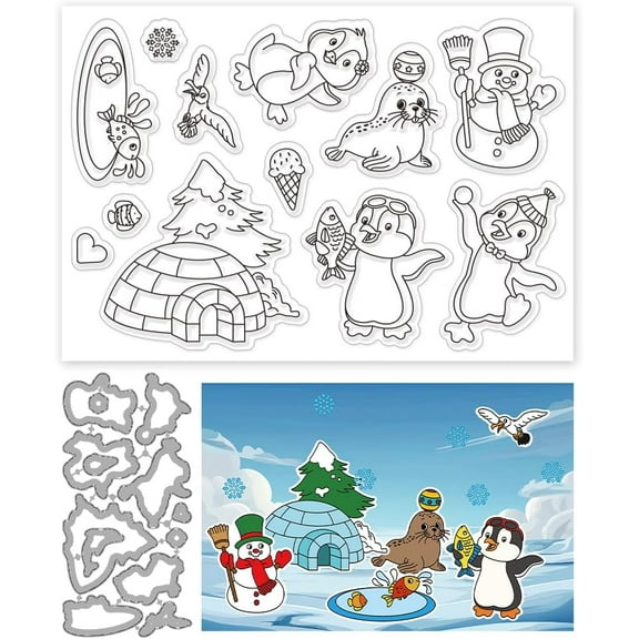 Ice Winter Clear Stamps and Cutting Dies for Card Making South Pole Animals Transparent Silicone Stamps and Die Cuts Set