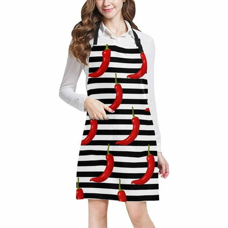 ASHLEIGH Funny Chili Red Pepper on Black and White Stripes and Lines Adjustable Bib Apron with Pockets Commercial Restaurant and Home Kitchen Apron for Women