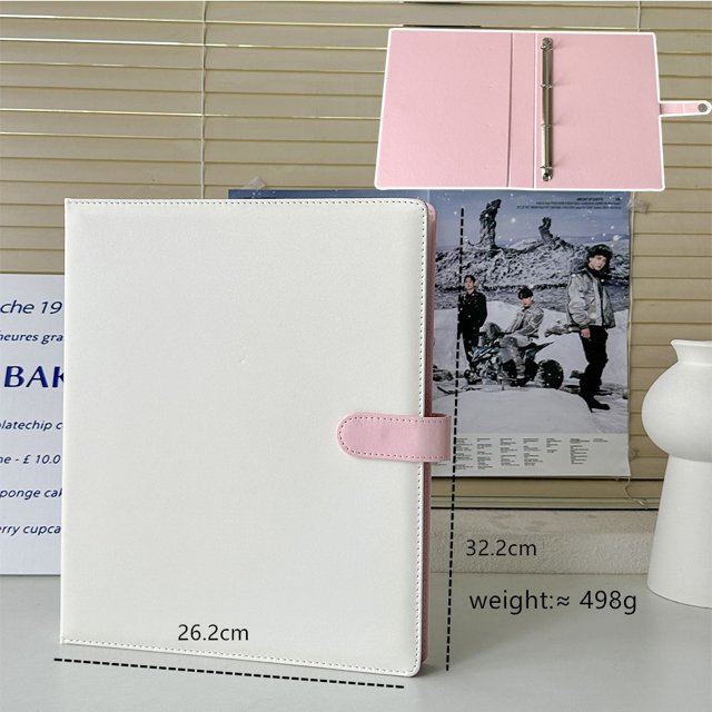 Álbum de fotos de 3 pulgadas con cuatro cuadrículas y hojas sueltas con hebilla magnética de PU en combinación de colores rosa y blanco para guardar tarjetas pequeñas