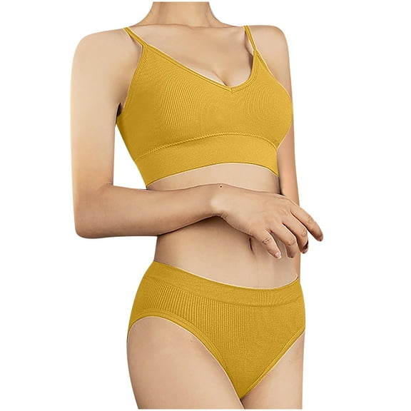 Bigersell Womens Sport Bra Women's Bra Seamless Large Size Backing Sling Traceless Gathered Back Two-piece Underwear Suit Female Polyester Training Bra Plus Training Bra, Style 1264, Yellow M