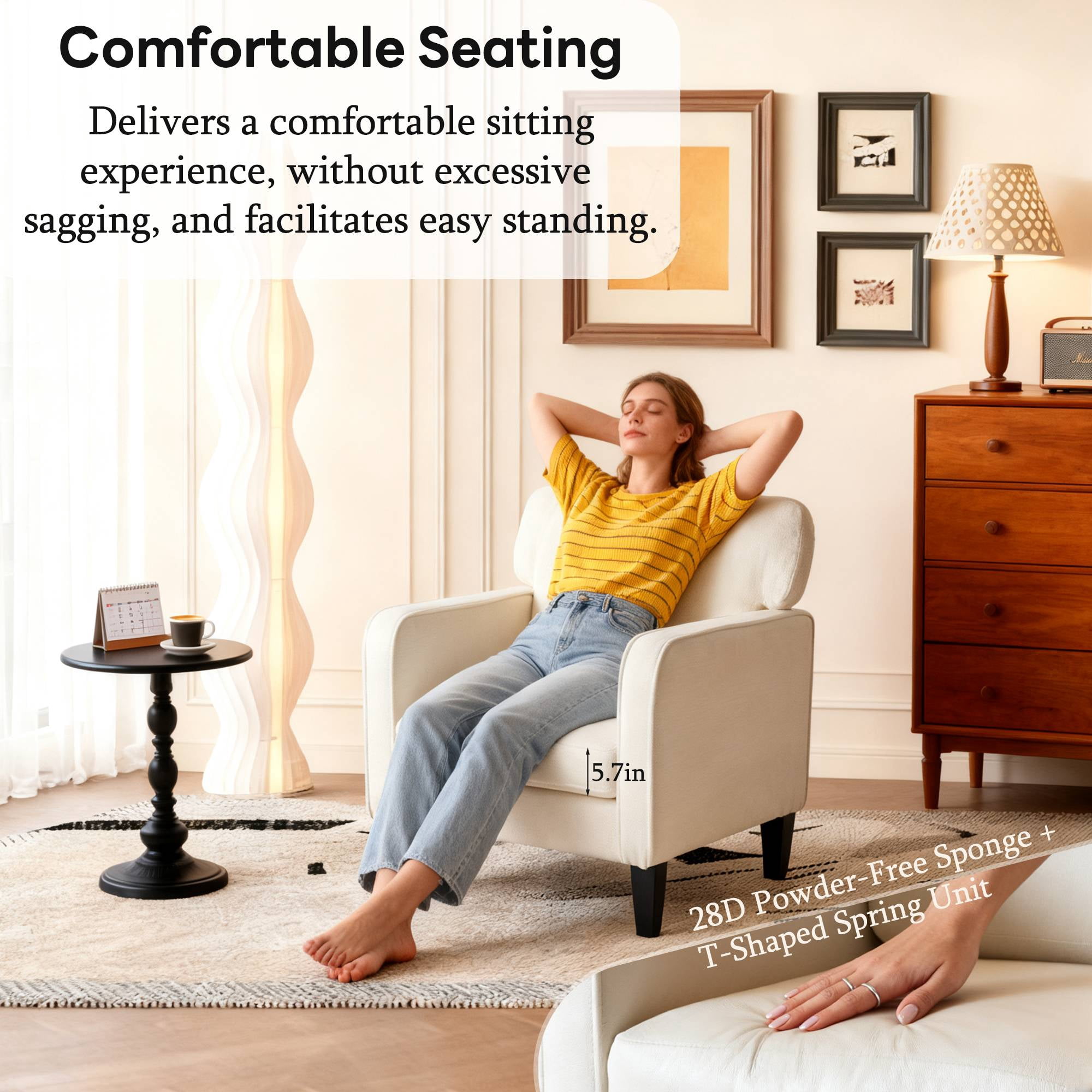Modern Accent Chair Reading Chair with Armrest, Comfy Lounge Chairs Cozy Armchair for Living Room, White