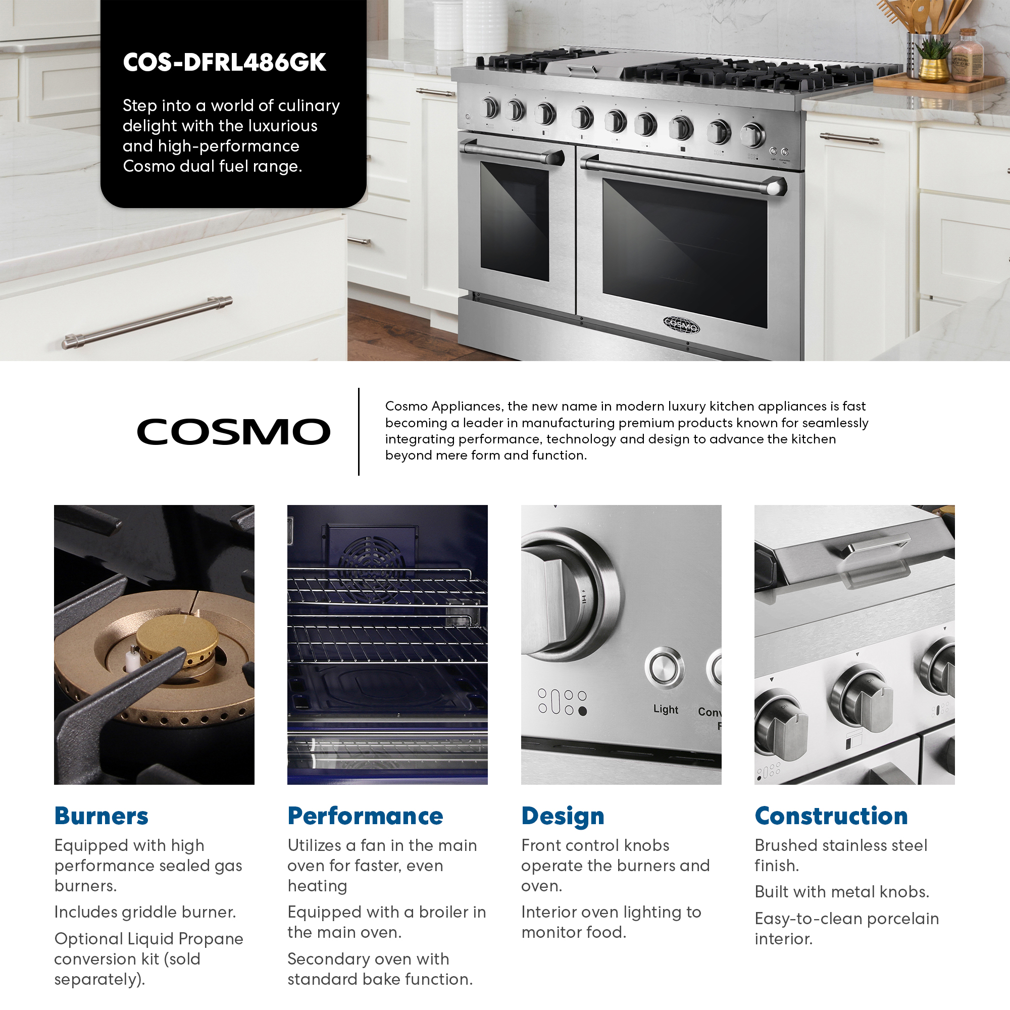 Cosmo 48 in. Lumin Collection 6.7 cu. ft. Double Oven Dual Fuel Range with 6 Sealed Burners, Rapid Convection, Stainless Steel