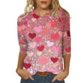 thumbnail image 2 of successthop Pink Womens Plus Size Tops 3/4 Sleeve Valentines Day Clothes Round Neck Polyester Casual Love Heart Printed Lover Gift Blouse Tops for Valentines Gifts 2XL, 2 of 5