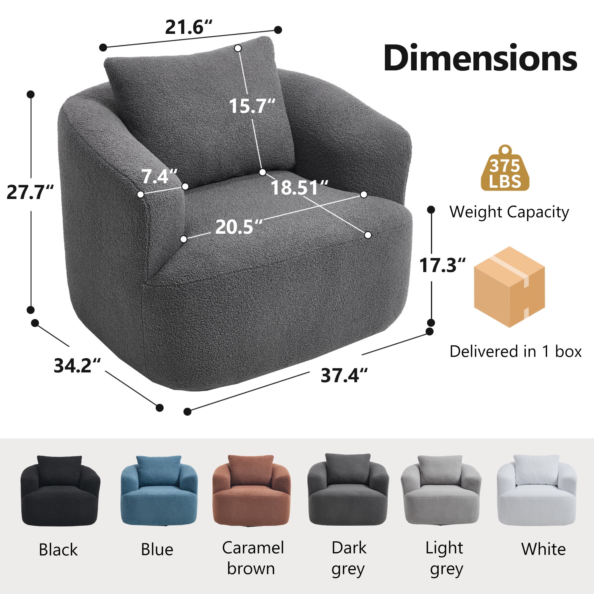 Swivel Accent Chair,360° Round Upholstered Armchair with One Soft Pillow,Teddy Fleece High-Resilience Sponge Single Sofa for Living Room, Bedroom, Apartment,No Assembly,Antique Dark Grey