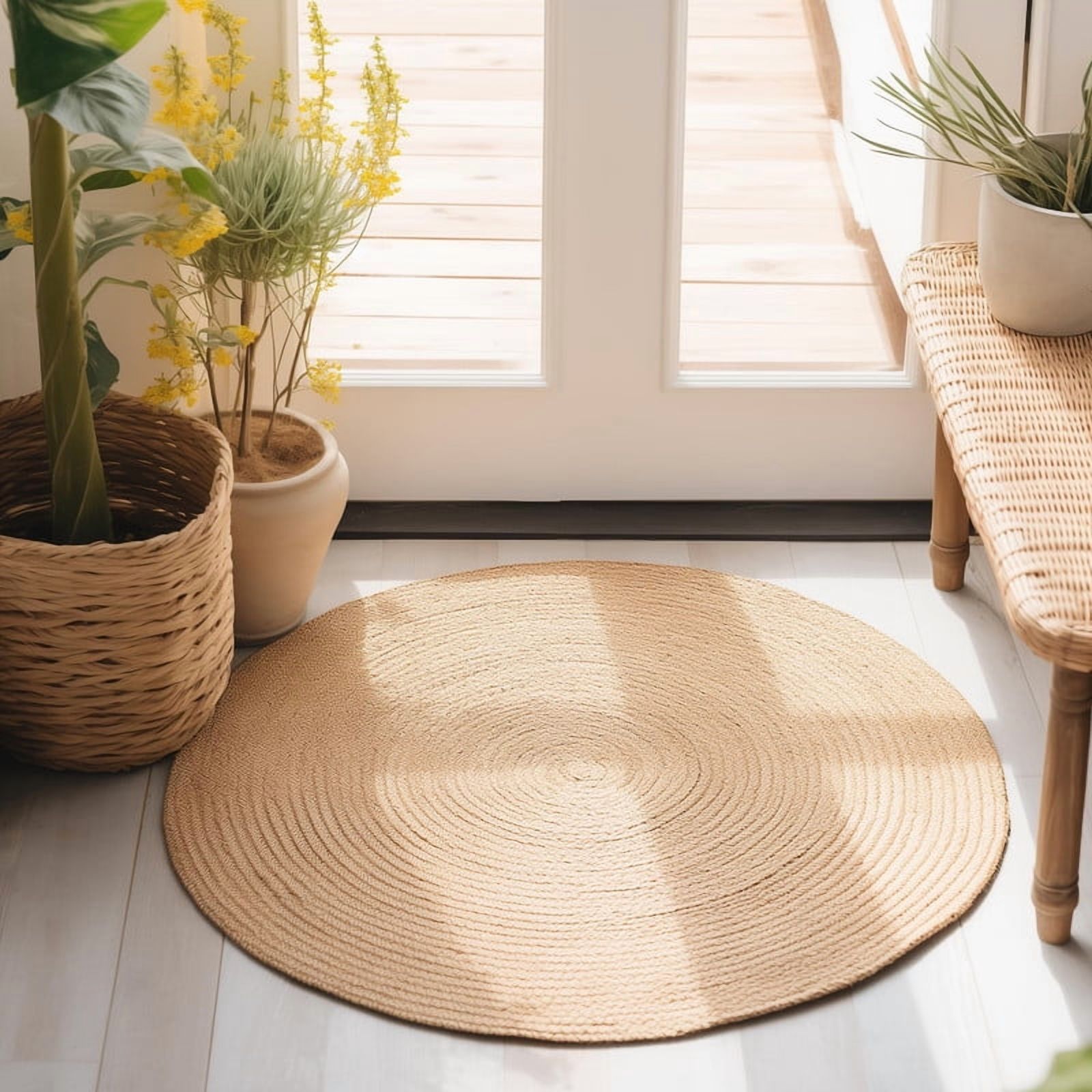 Farmhouse Round Jute Rug, Rustic Boho Handmade Braided Carpet, Natural, 3 FT