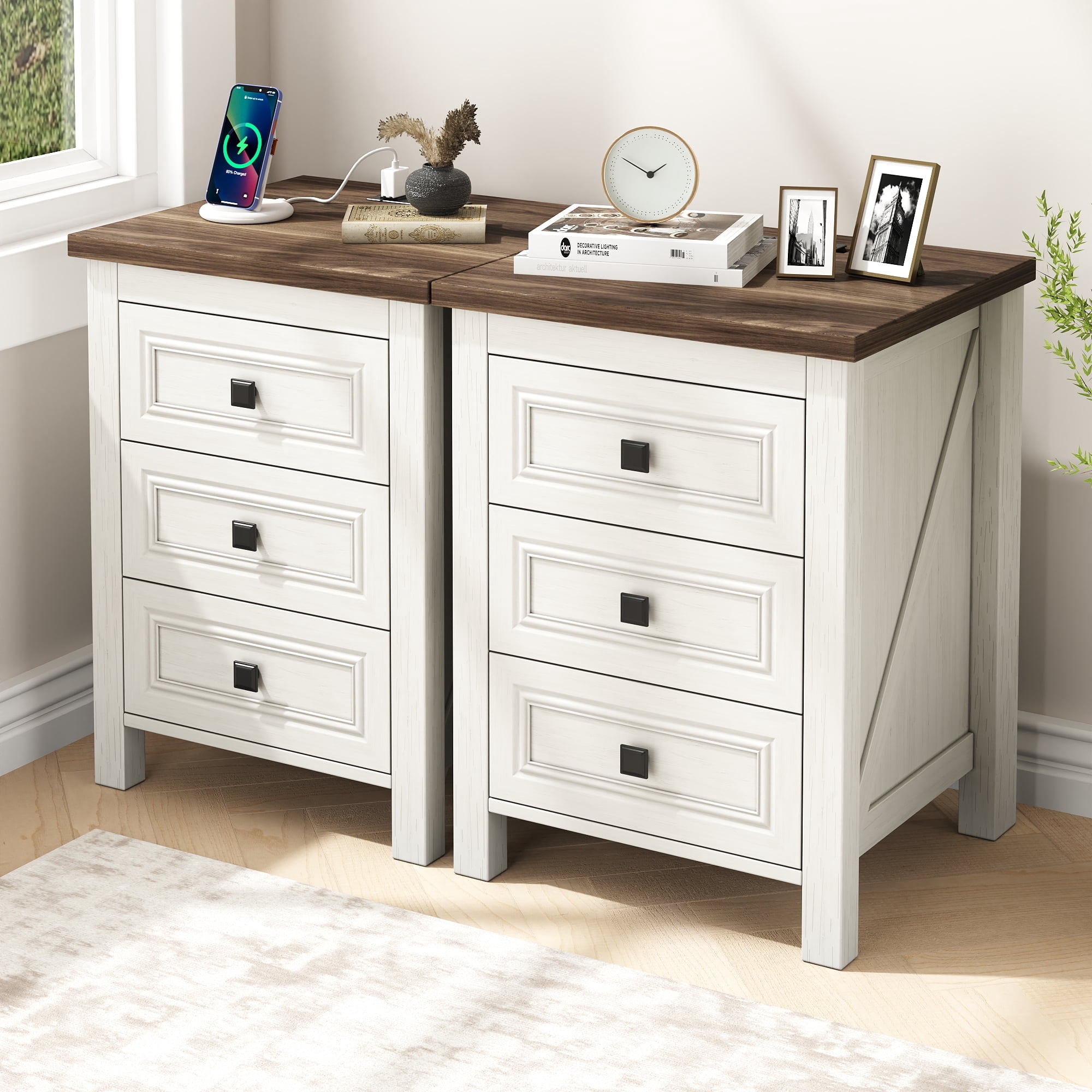 Nightstand Set of 2, bedside table with charging station, White farmhouse 3 drawer nightstand Rustic night stand end tables for bedroom Living Room