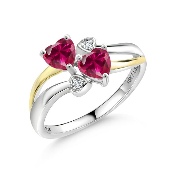 Gem Stone King 925 Silver and 10K Yellow Gold Red Created Ruby and White Lab Grown Diamond Ring for Women (1.22 Cttw, July Birthstone, Heart Shape 5MM, Size 9)