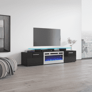 Rova WH-EF Fireplace TV Stand for TVs up to 85, Modern High Gloss 75 Entertainment Center, Electric Fireplace TV Media Console with Storage Cabinets and LED Lights