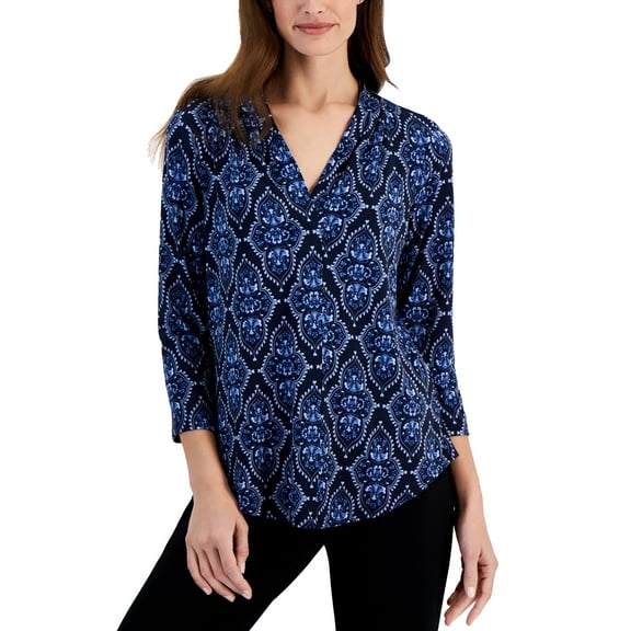 Women's Printed 3/4 Sleeve V-Neck Knit Top Intrepid Blue Combo L