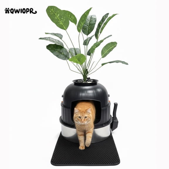 Aqwiopr Litter Box Cat with Faux Plant & Scoop, Hidden Enclosure Litter Tray with Odor Control & Carbon Filter in Living Room, Bedroom, Corner, Black