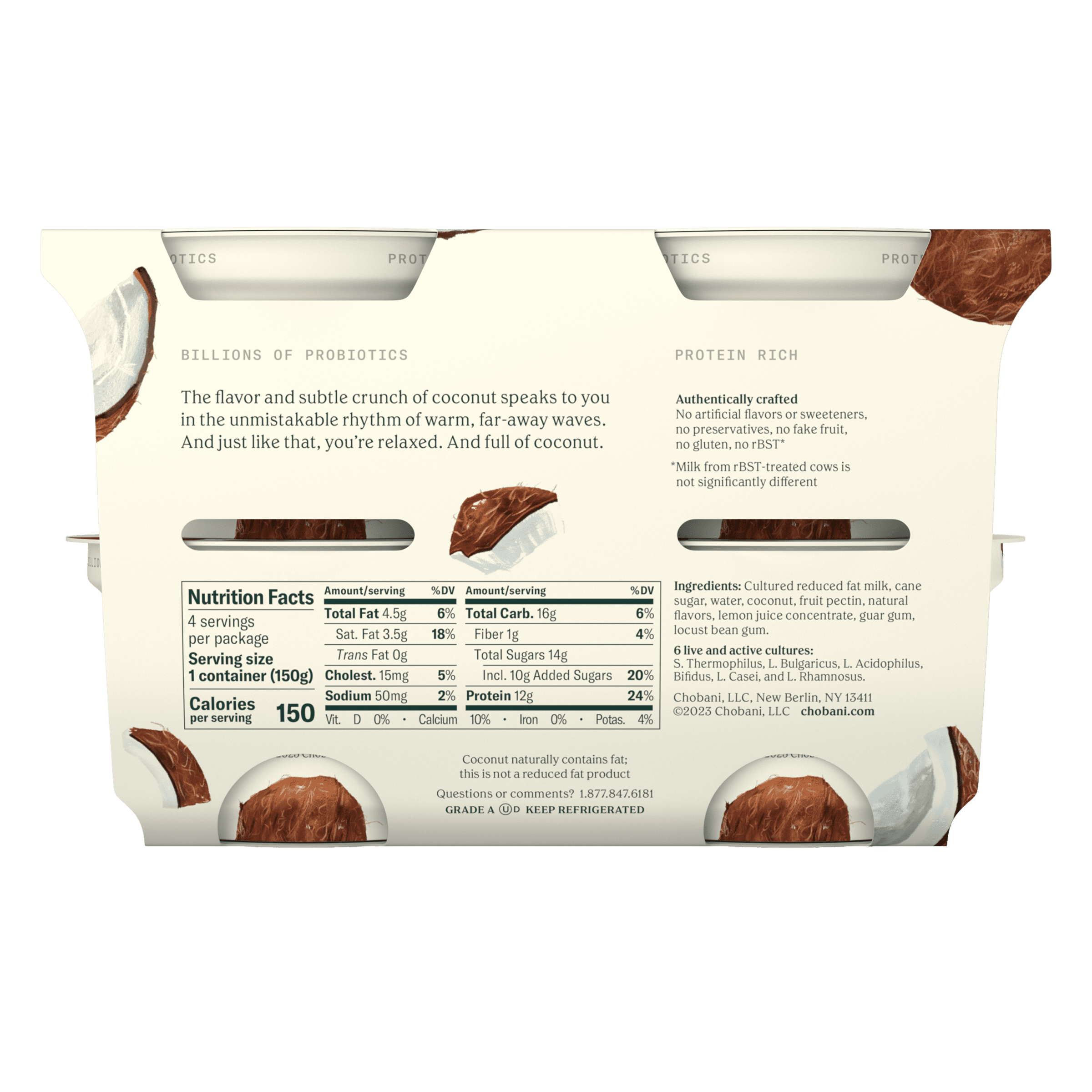 Chobani Reduced Fat Greek Yogurt Coconut Blended 5.3 oz Cup 4 Pack