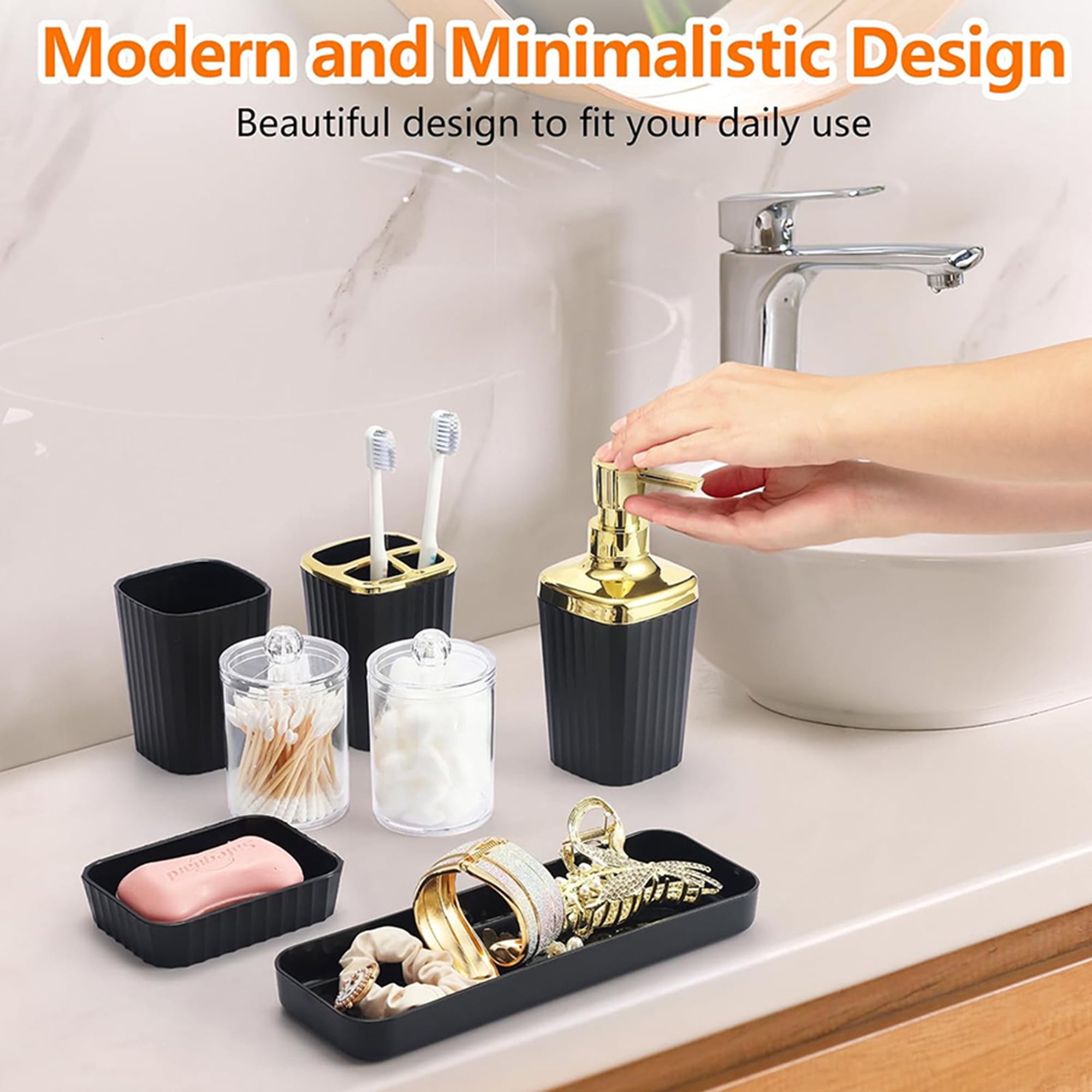 Bathroom Accessories Set,9 Piece Black Bathroom Sets Complete With Toothbrush Holder, Trash Can, Lotion Soap Dispenser, Toothbrush Cup, Vanity Tray, Soap Dish, Toilet Brush, Qtip Holder