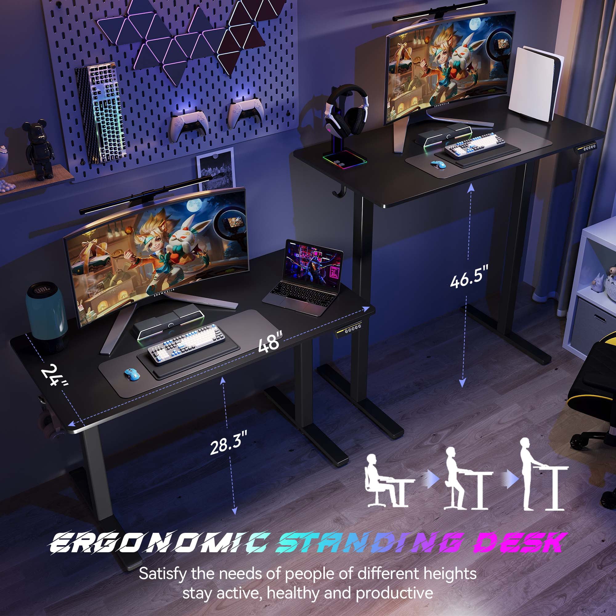 48"×24" Black Electric Height Adjustable Desk, Ergonomic Sit Stand Computer Workstation With 3 Custom Height Memory Presets and Child Lock for Home & Office