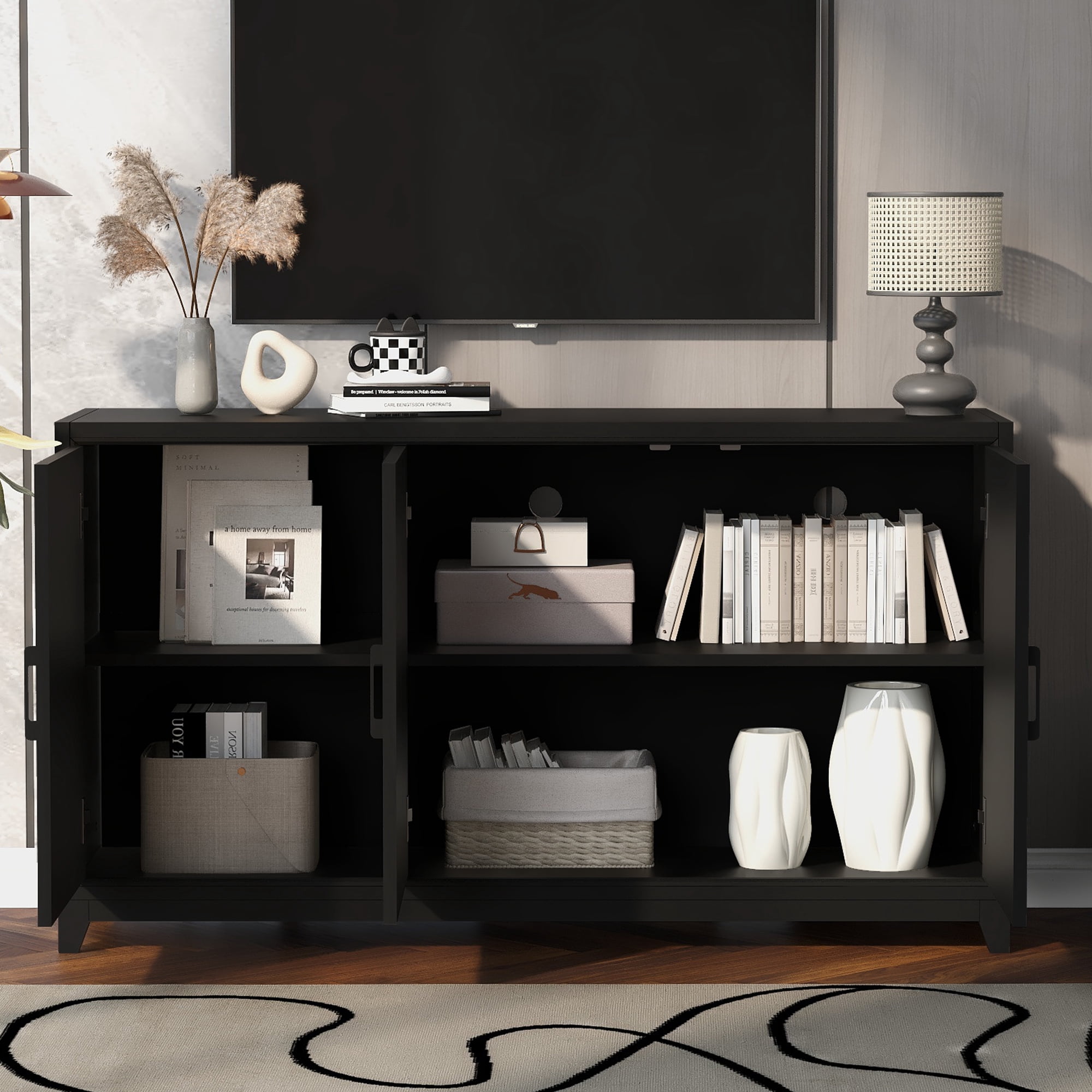 Euroco Modern TV Stand with Adjustable Shelves & Solid Wood Legs – Media Console Cabinet with Storage for Living Room or Bedroom