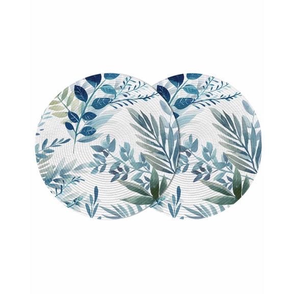 Navy Blue Leaves Round 13 Inch Placemats Set of 2, Summer Botanical Farmhouse Watercolor Leaf HeatResistant Non Slip Place Mats for Dining Table, Wipeable Braided Kitchen Table Mats for Housewarming