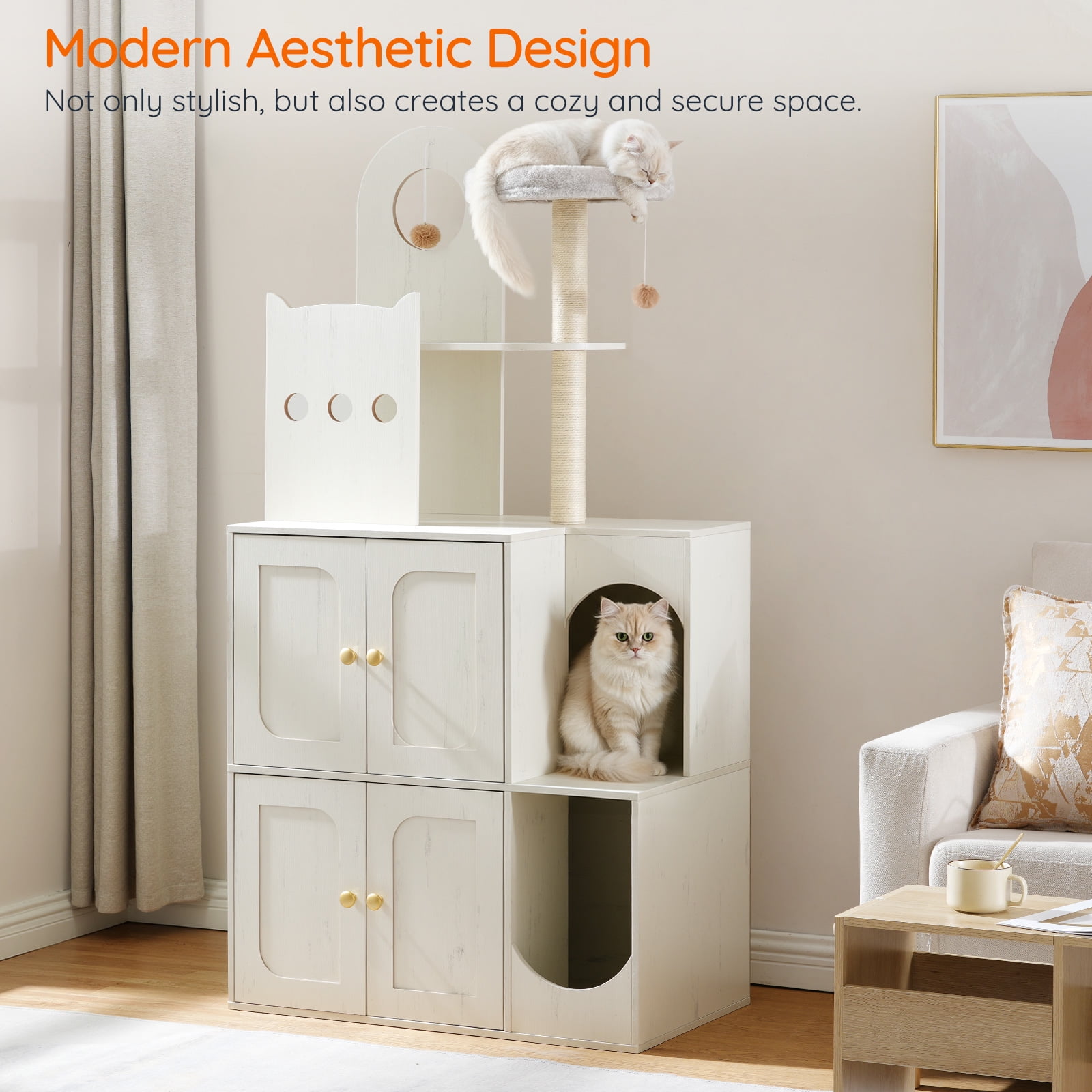 Cat Tree with Litter Box Enclosure, Hidden Double Cat Litter Box Enclosure Furniture, Modern Cat Tree with 2 Dangling Balls and 2 Sisal Scratching Posts for 2 Cats, White WH27MZ03