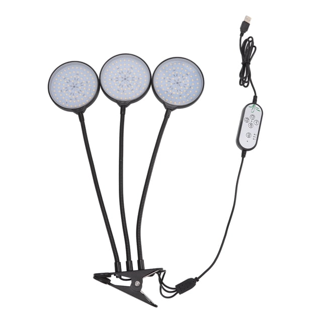Lámpara LED de 45 W para cultivo de plantas con 3 cabezales y fuente de alimentación USB con clip para suculentas en interiores.