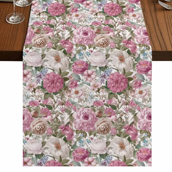 Light Pink Spring Floral Burlap Cotton Table Runner 18x72 Inches Long, Vintage Summer Botanical Farmhouse Table Runners, Outdoor Dining Tablecloths Decor for Baby Shower/Party/Wedding