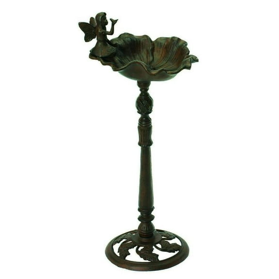Cast Iron Whimsical Fairy Pixie On Flower Bird Feeder Or Bath Garden Statue