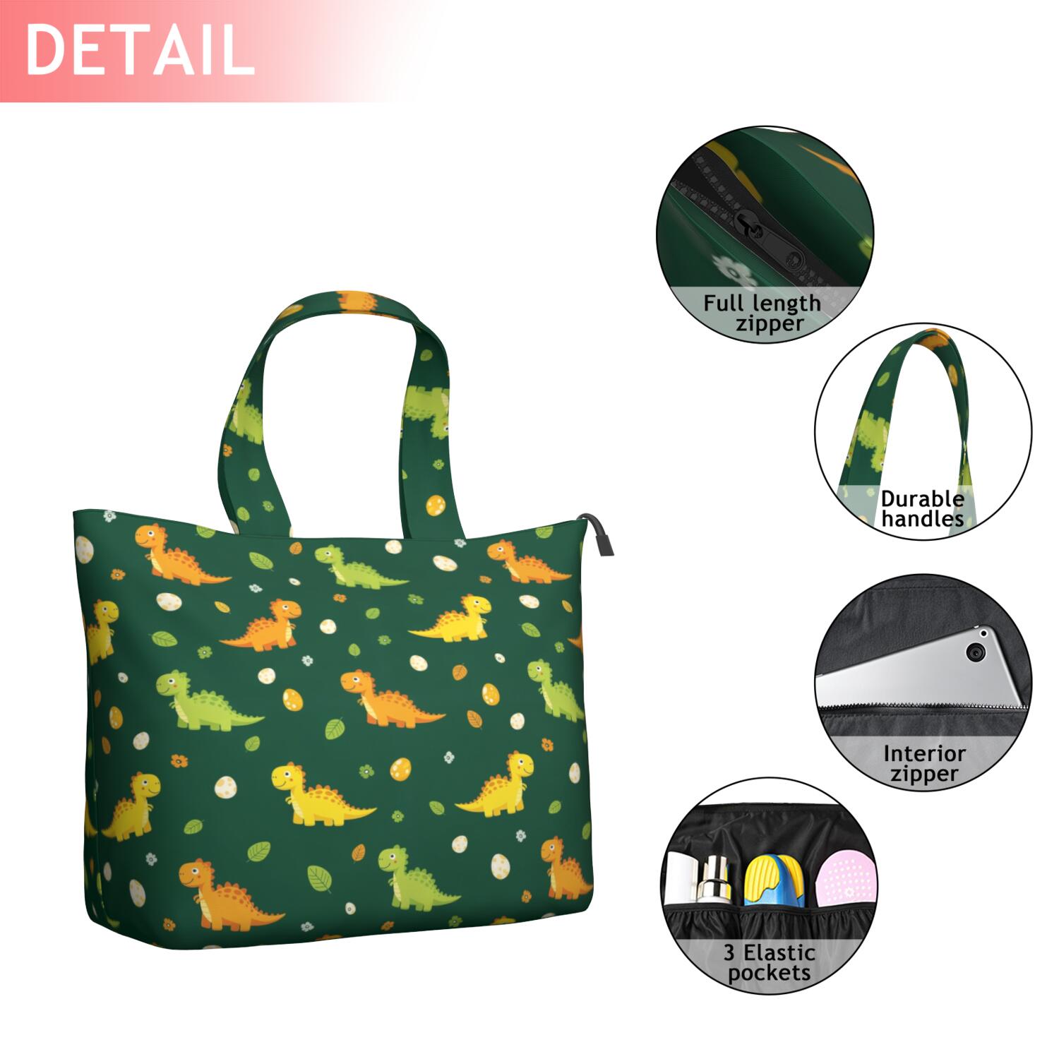 Green Cartoon Dinosaurs Eggs Pattern Travel Tote Bags for Women Carry On,Large Weekender Bags for Women Travel,Multi Functional Duffle Bag for Work,Shopping,Sports