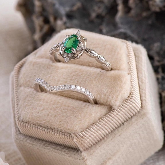 Bluebell Jewels Elegant Oval Cut Green CZ for Engagement Weddin Ring Set Women Sterling Silver Bridal Jewelry