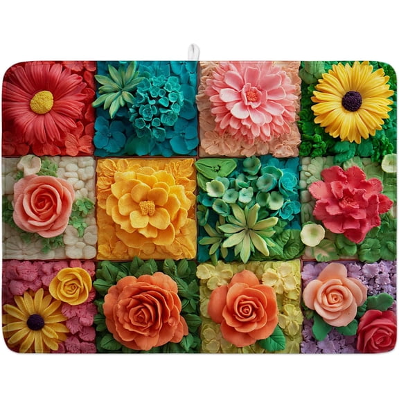 Dish Drying Mat 18x24 Inch – Extra Absorbent Microfiber Kitchen Counter Mat, Non-Slip Washable Drying Pad for Dishes, Pots, Pans & Glassware (Colorful Spliced Flowers, 18x24 in)