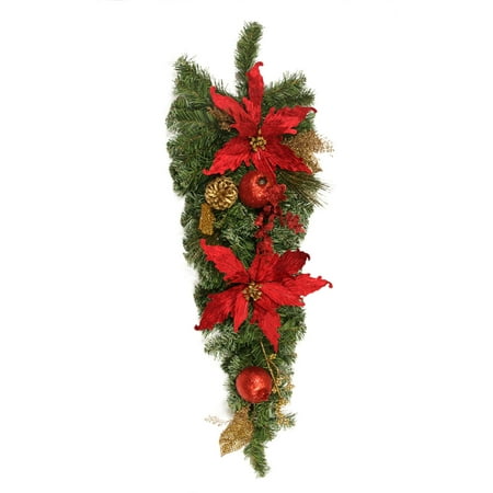 30 Pre Decorated Red Poinsettia Eucalyptus And Gold Pine Cone
