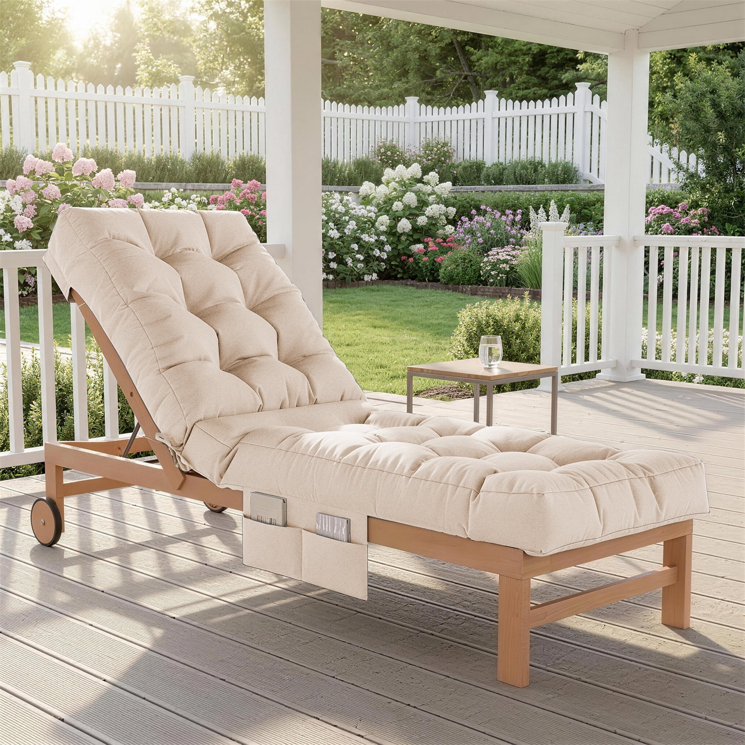 BaPiPro Beige Outdoor Chaise Lounge Cushion with Side Pocket, Triple Non-Slip Fixation, All-Weather Durable & Soft Fabric, Thickened Padding, Ideal for Patio and Poolside Use