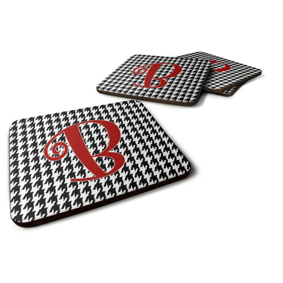 Letter B Initial Monogram - Houndstooth Black Foam Coaster Set of 4