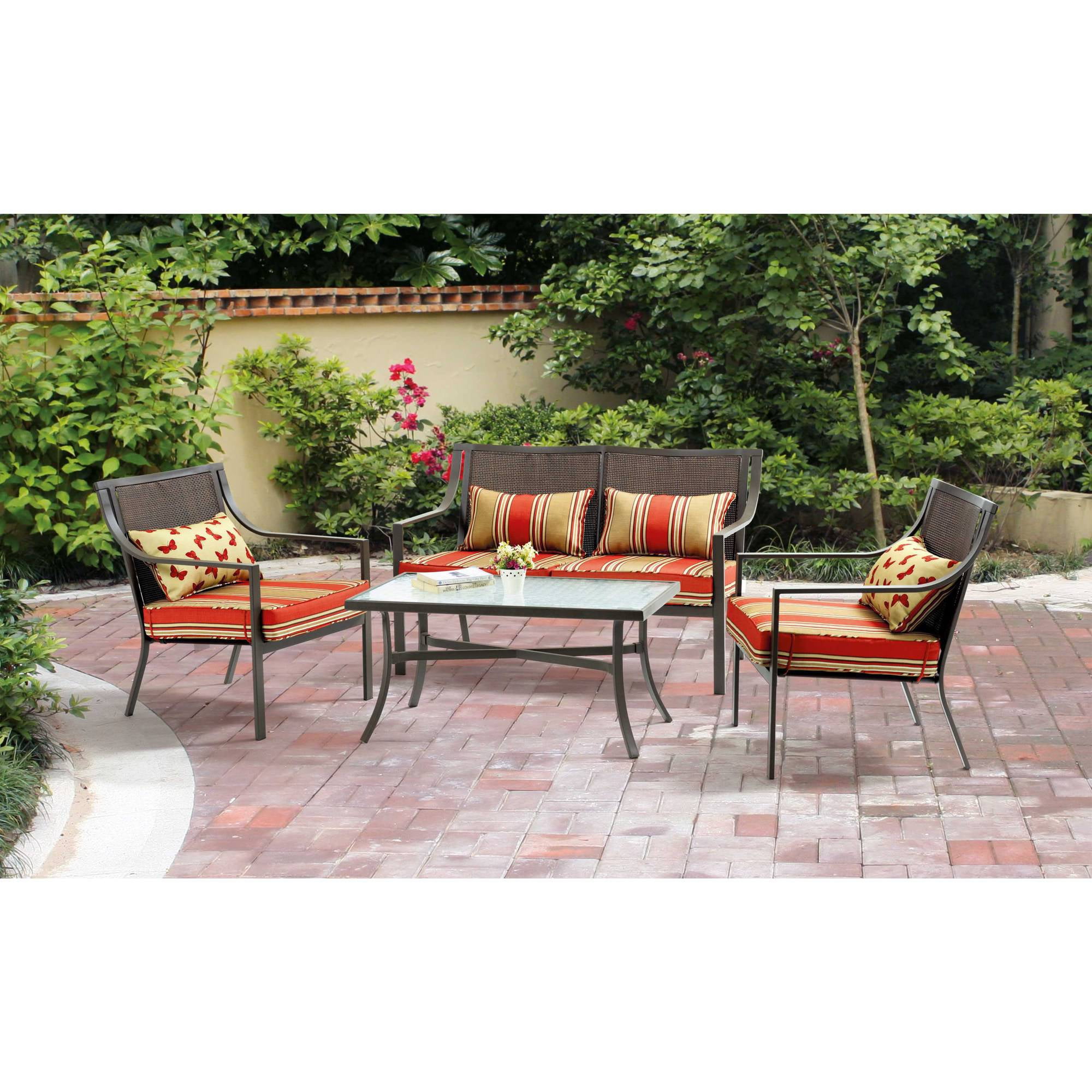 Mainstays Alexandra Square 4 Piece Patio Conversation Set Red with Mainstays Alexandra Square 4piece Patio Conversation Set Red Stripe With Butterflies Seats 4