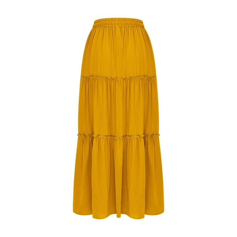 Womens Solid Boho Tiered Skirt Elastic Drawstring High Waist