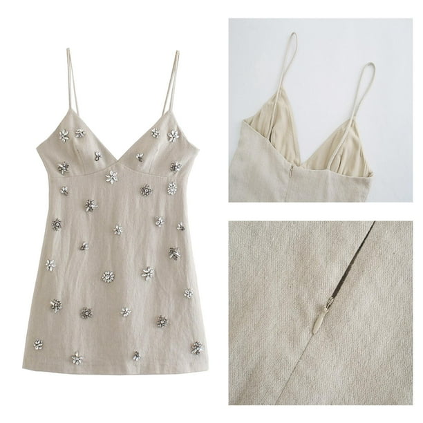 Vestido corto Mini vestido Correas de espagueti Una línea Clubwear femenino Vestido de tirantes con cuello en V Vestido de mujer para Vacaciones Beige Yinane Vestido de mujer
