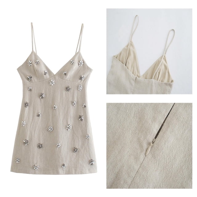 Vestido corto Mini vestido Correas de espagueti Una línea Clubwear femenino Vestido de tirantes con cuello en V Vestido de mujer para Vacaciones Beige Yinane Vestido de mujer