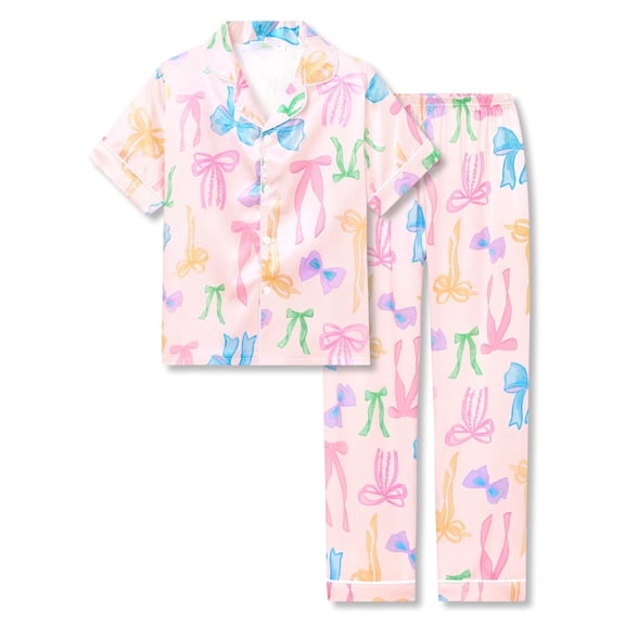 Tebbis Satin Pajamas for Girls - Cute Yellow Silky Short-Sleeved Set with Colorful Bow Prints Size 16